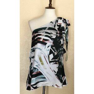 Bar III Black Combo Printed L One Shoulder Top XXS